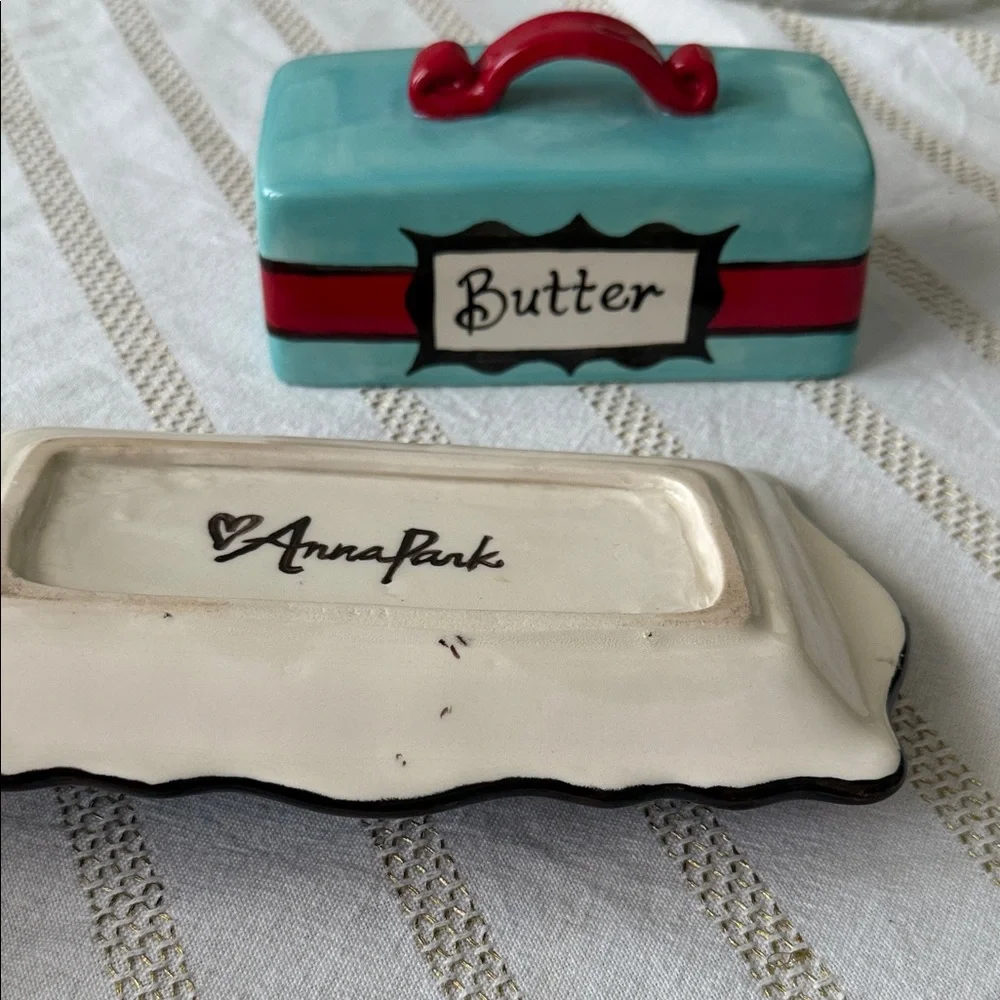 Hand painted Ceramic Butter Dish with Lid - Red and Aqua